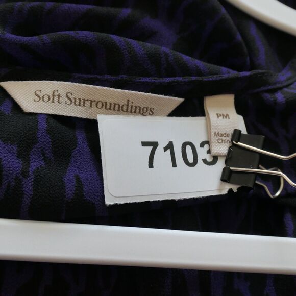 Soft Surroundings Blouse Womens Petite Medium PM Purple Wild Animal Ruffle Sheer - Picture 6 of 6